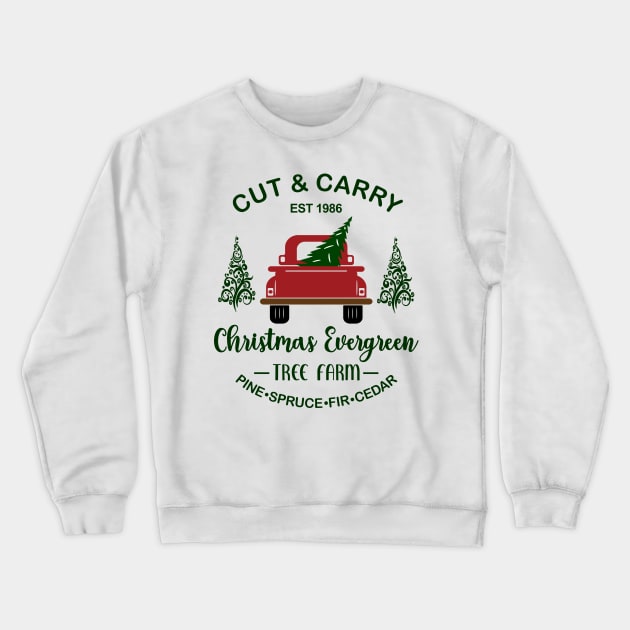 Cut & Carry Christmas Evergreen Tree Farm, EST 1986. Pine, Spruce, Fir, Cedar Crewneck Sweatshirt by Blended Designs